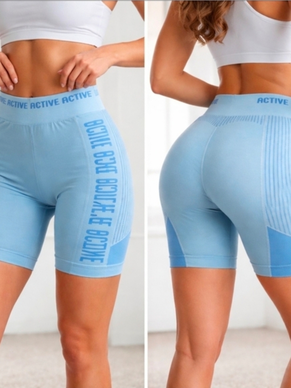 High-Rise Light Blue Active Bike Shorts with Branded Waistband
